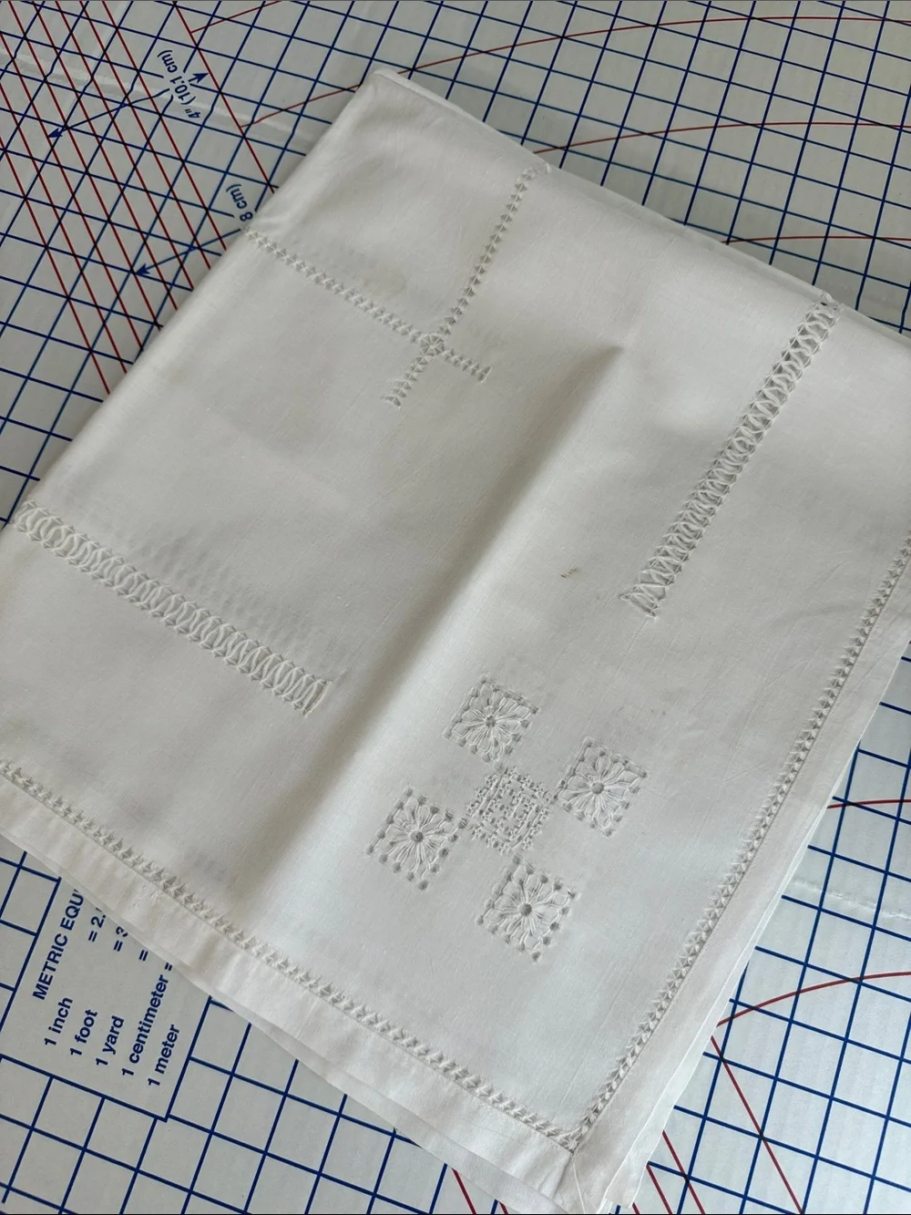Vintage White Linen Madeira Style Table Topper 34 x 32 Drawn Thread Cutwork